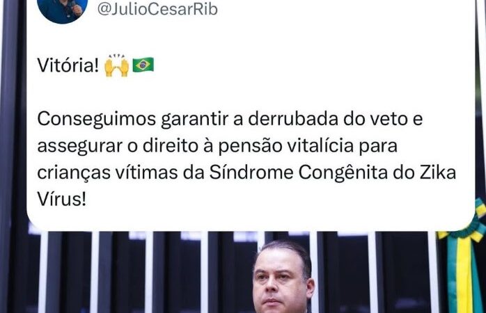 Deputado Julio Cesar Ribeiro comemora derrubada de veto e celebra pensão vitalícia para vítimas da Síndrome Congênita do Zika Vírus