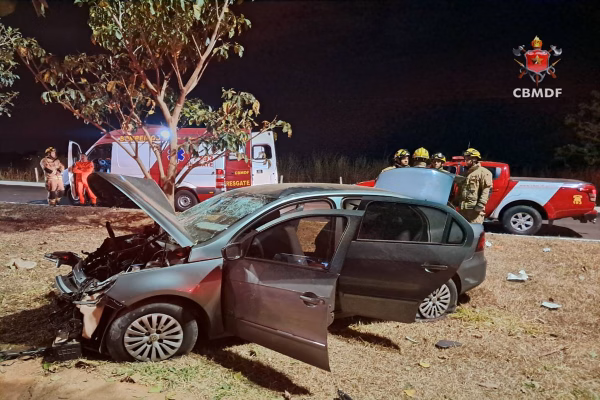 DF: carro colide em árvore e uma vítima morre no local