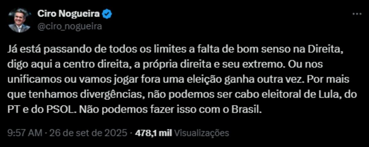 Após cobrar direita, Ciro Nogueira busca diálogo com Paulo Figueiredo