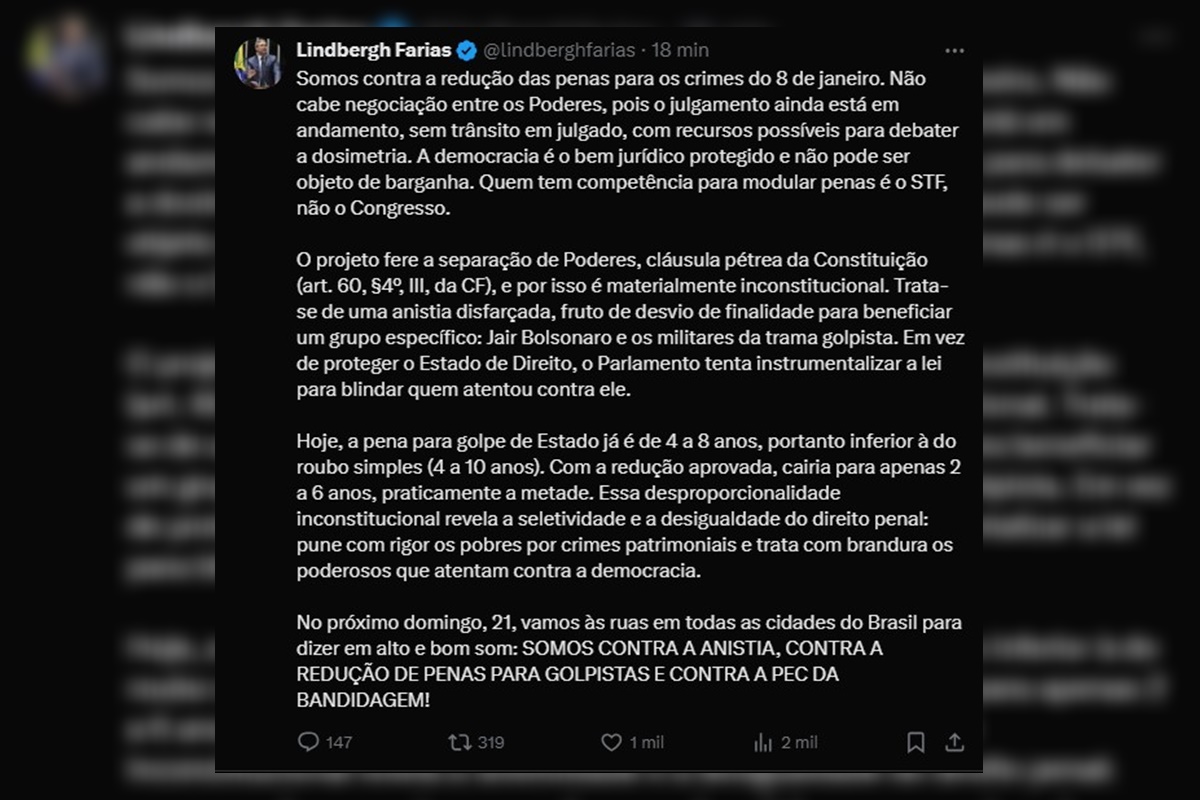 Líder do PT manifesta posição contrária ao PL da Dosimetria