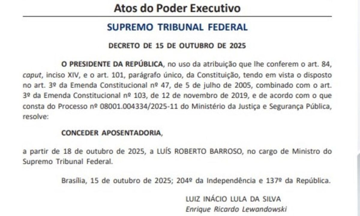 Lula assina aposentadoria de Barroso, que deixa o STF no sábado