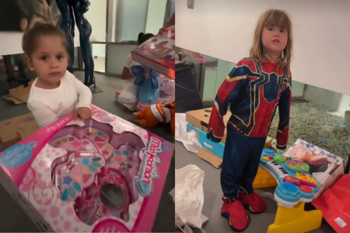 Reação de Maria Flor e Maria Alice a presentes de Vini Jr. encanta web