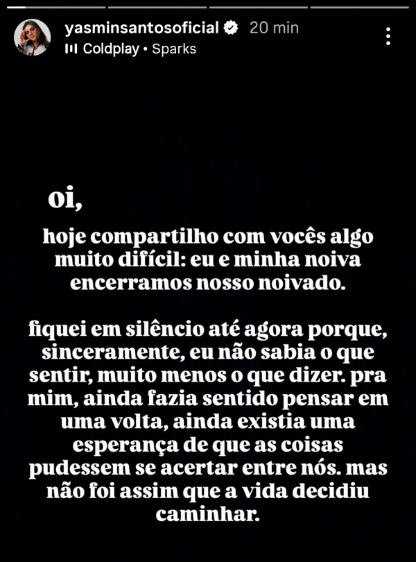 Yasmin Santos confirma fim do noivado com Maria Venture