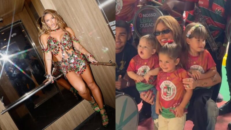 Virginia Fonseca leva filhos para festa na quadra da Grande Rio