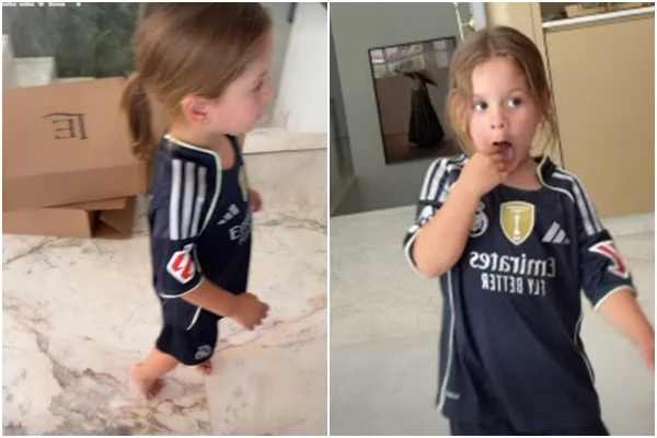 Virginia mostra Maria Flor com camisa do Real Madrid, time de Vini Jr.