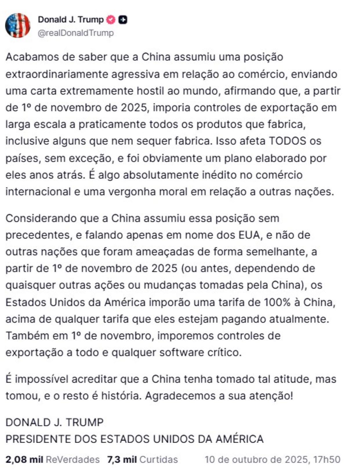 Trump anuncia tarifa adicional de 100% contra a China
