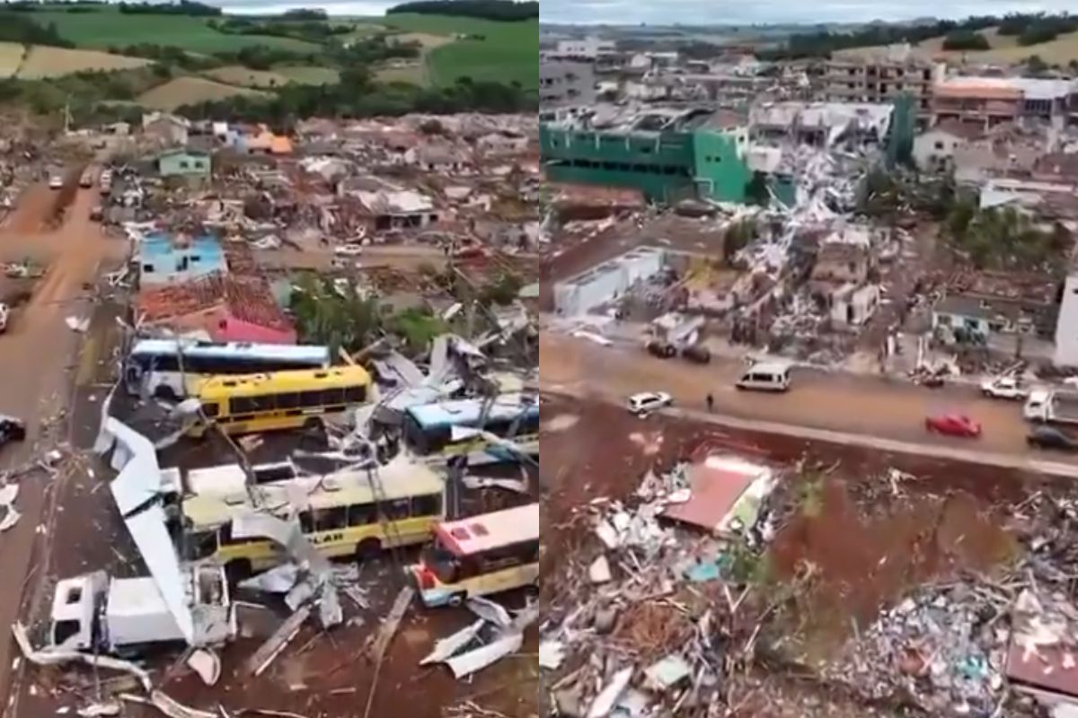Drone sobrevoa escombros e revela cidade destruída por tornado no PR